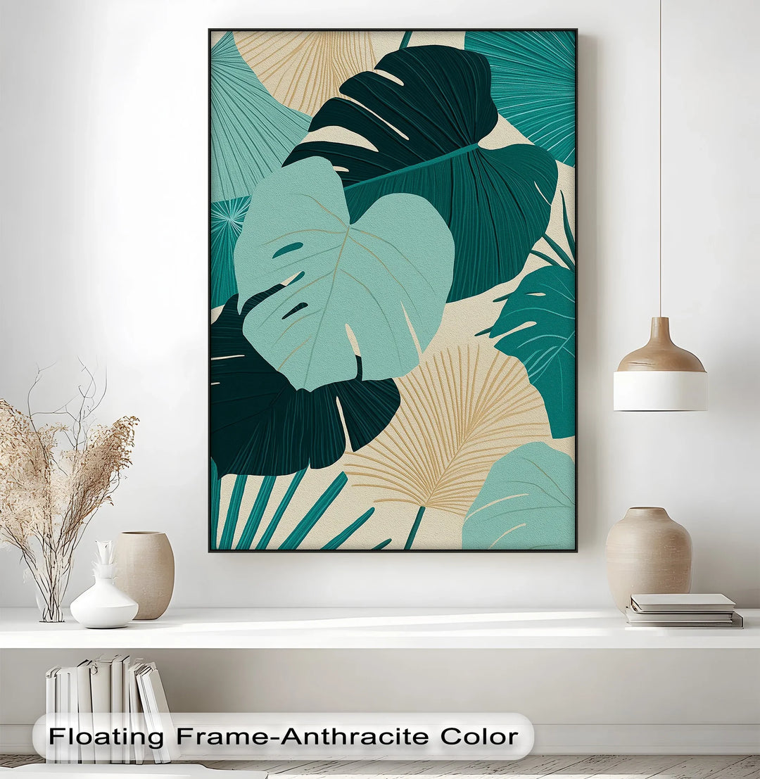 Tropical Oasis – Teal and Beige Monstera Canvas Print - MyPhotoStation