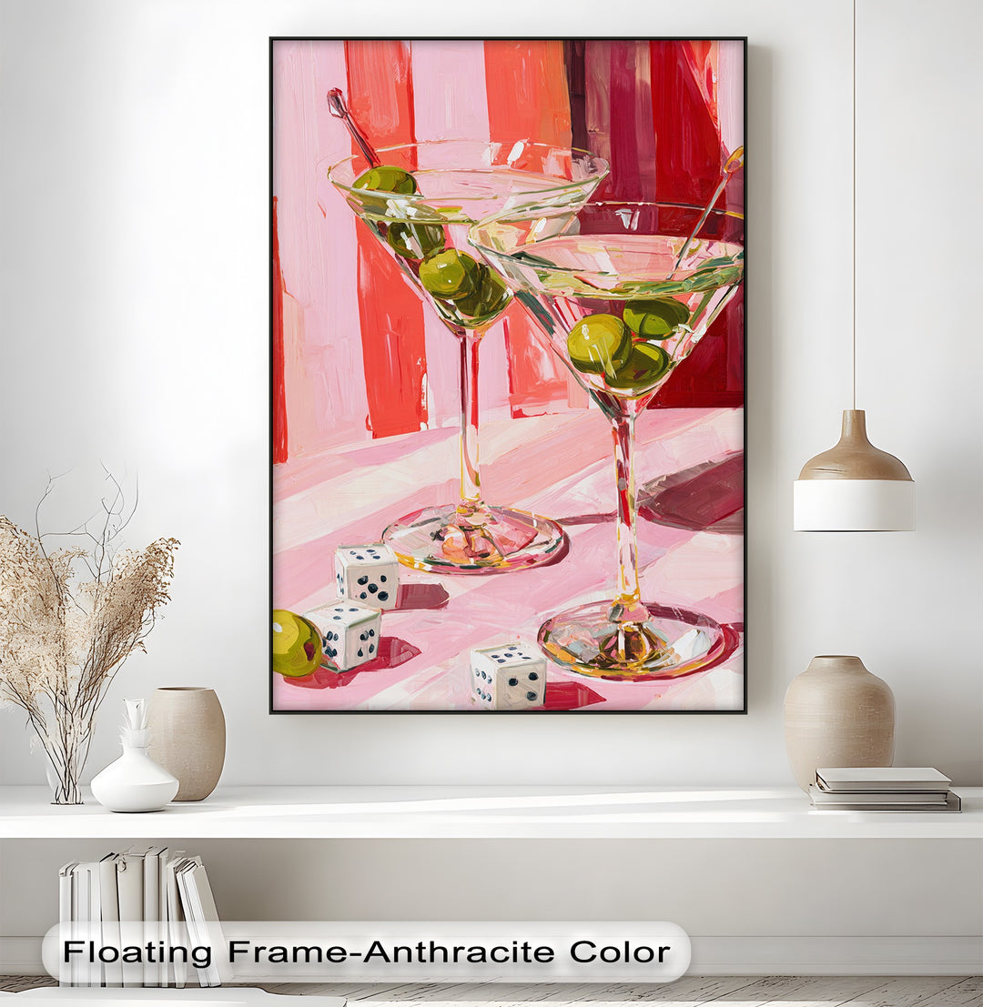 Visual rhythm is achieved through the repetitive use of color and form in this pink martini cocktail canvas wall decor featuring glasses and olives.
