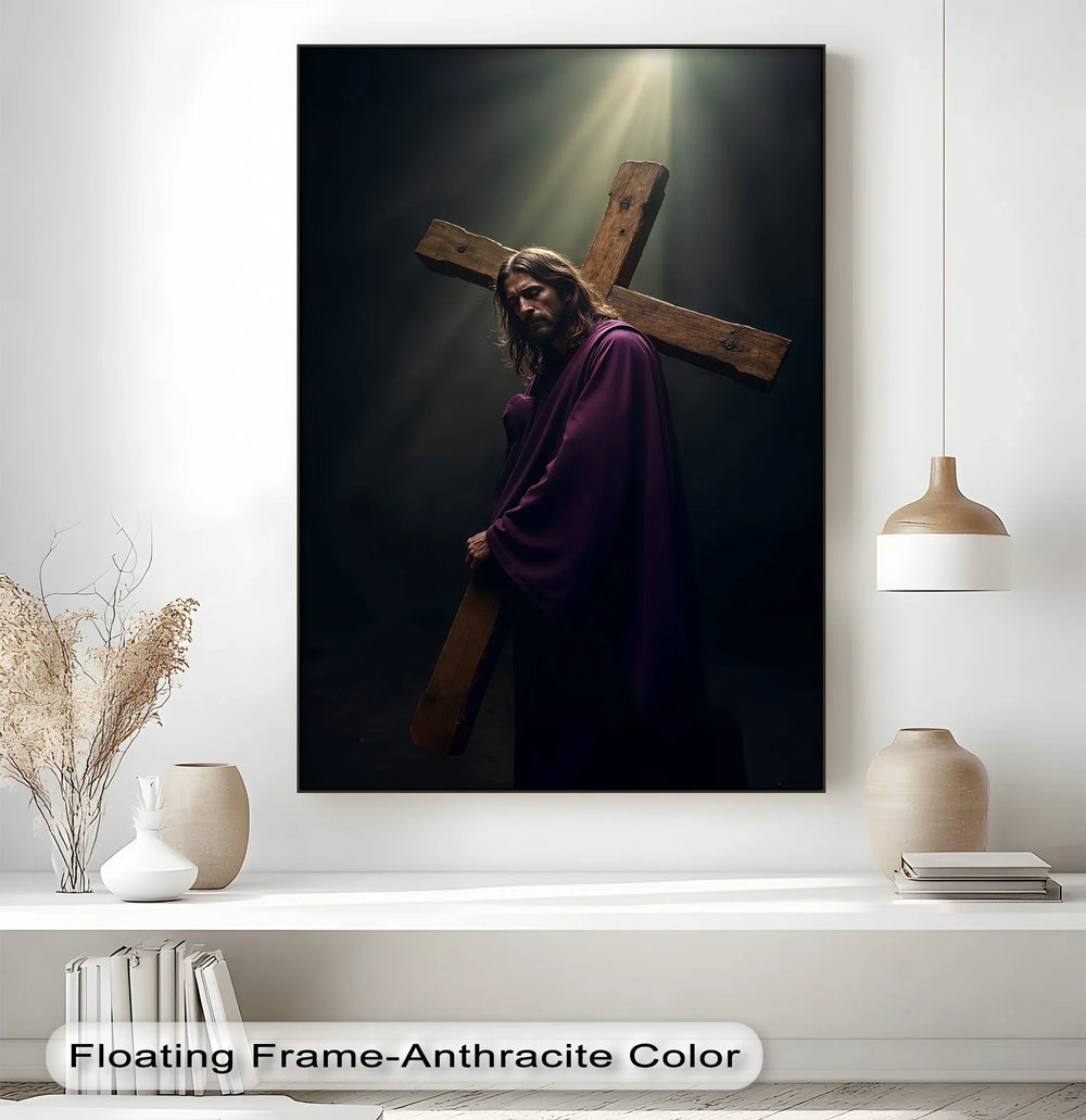 This moving canvas print captures the sorrow and strength of Christ’s journey to Calvary.

