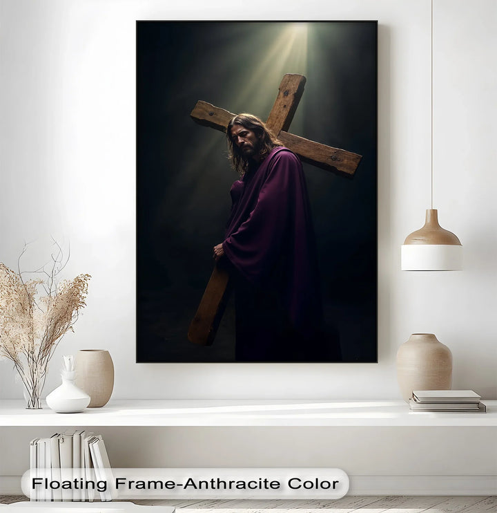 This moving canvas print captures the sorrow and strength of Christ’s journey to Calvary.

