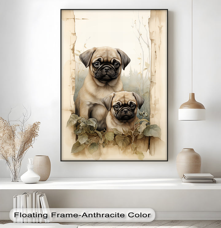 Twin Pug Companions – Vintage Botanical Style Puppies Canvas Print
