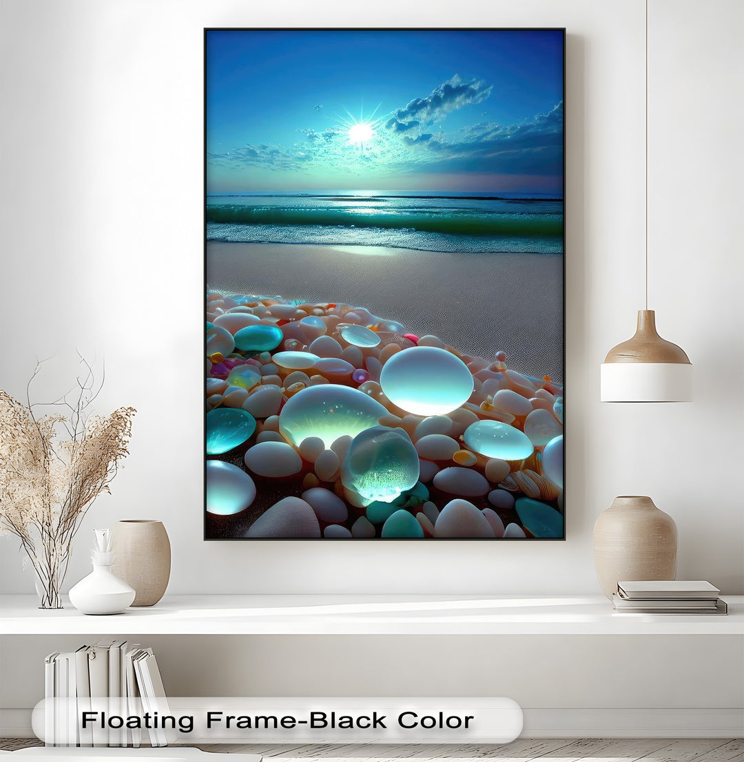 The sleek black floating frame's edge perfectly borders this vibrant canvas art print of a coastal sunset and glowing pebble beach.