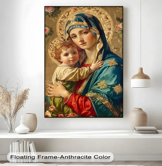 Transitional shading blends the serene tones on this Holy Madonna and Child canvas pictures print, highlighting the sacred icon style with a tender color palette.