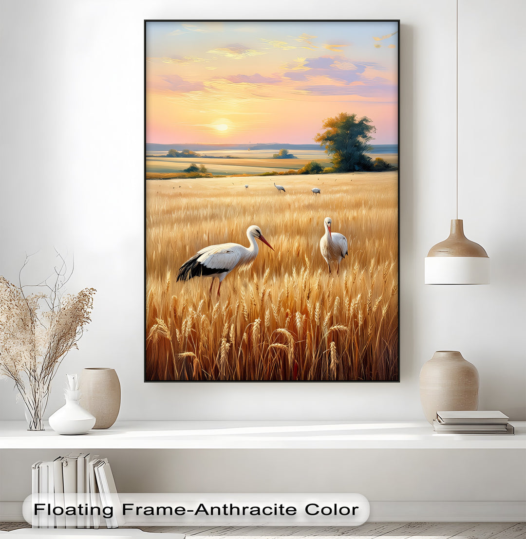 Golden Fields at Dusk – Stork Landscape Canvas Print