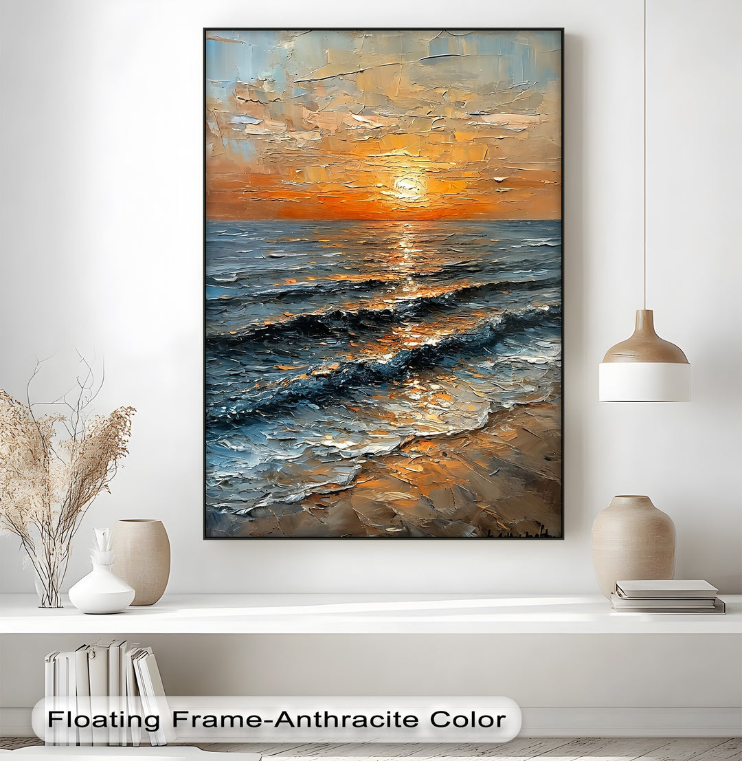 Golden Horizon – Textured Sunset Seascape Canvas Print