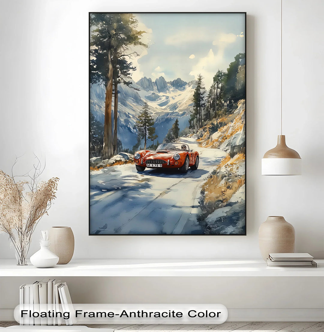 Crimson Speed – Classic Red Sports Car in Mountain Pass Canvas Print - MyPhotoStation
