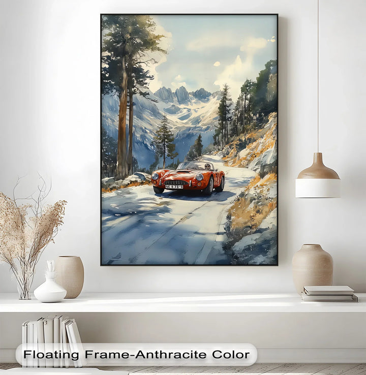 Crimson Speed – Classic Red Sports Car in Mountain Pass Canvas Print - MyPhotoStation