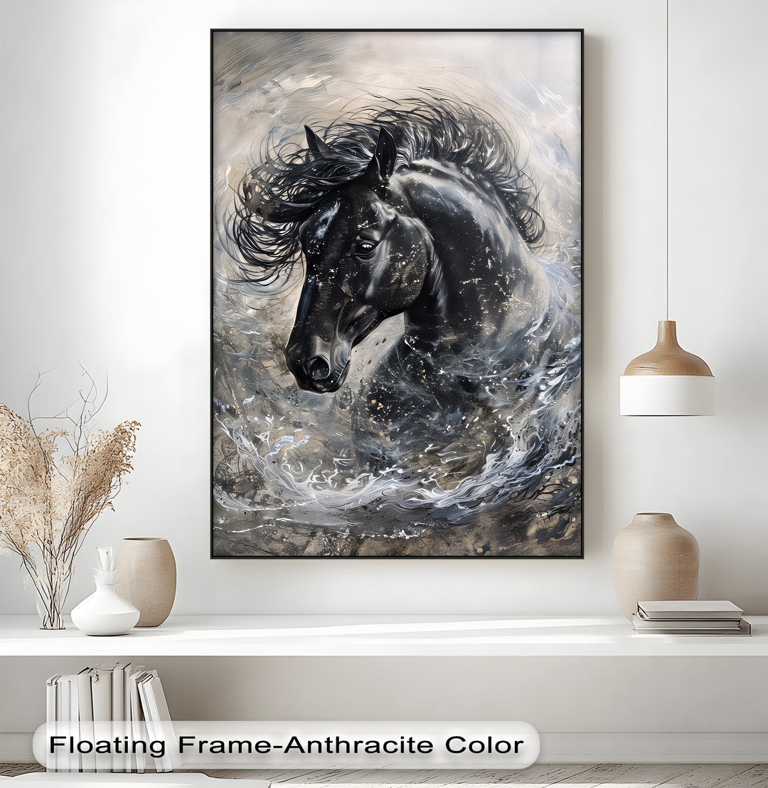Stardust Fury – Black Horse in Motion Abstract Canvas Print