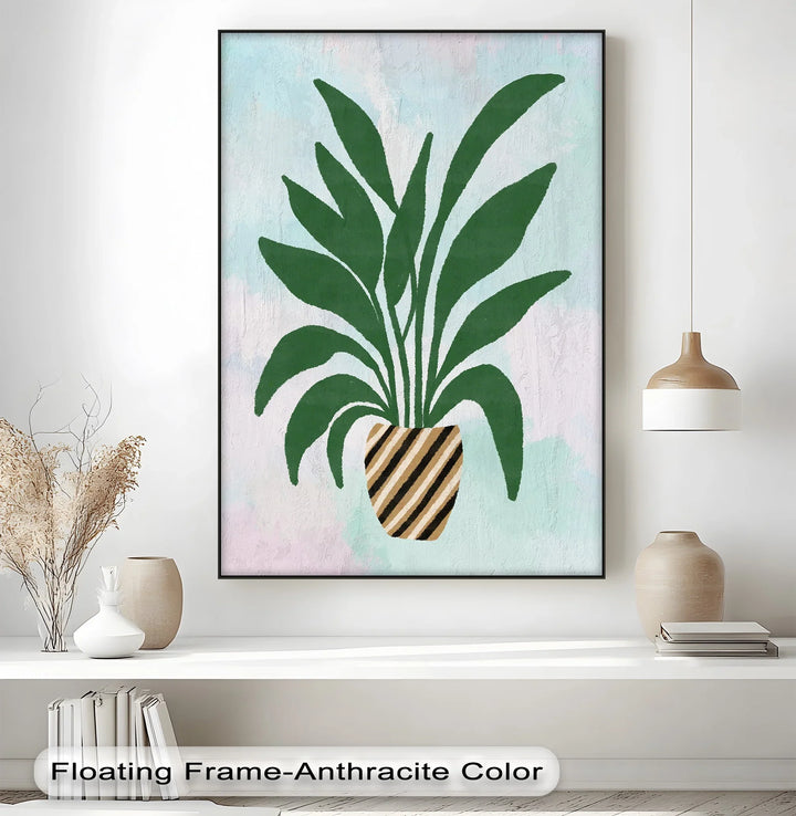 Striped Planter Botanical Art – Minimalist Green Leaf Canvas Print - MyPhotoStation