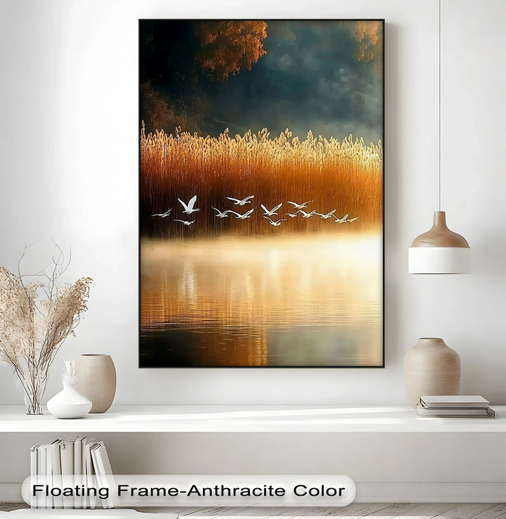 Golden Flight – Tranquil Birds at Sunset Canvas Print - MyPhotoStation
