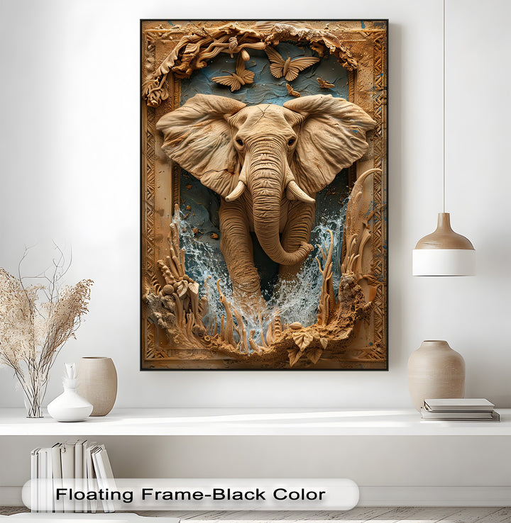 Organic forms create a stunning unique canvas print of a majestic elephant, surrounded by carved branches, butterflies, and dynamic water.
