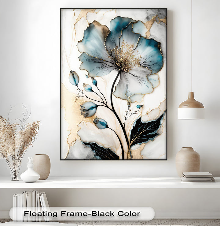 The prominent blue floral design, intricately detailed with gold, defines this luxury abstract flower best canvas prints.