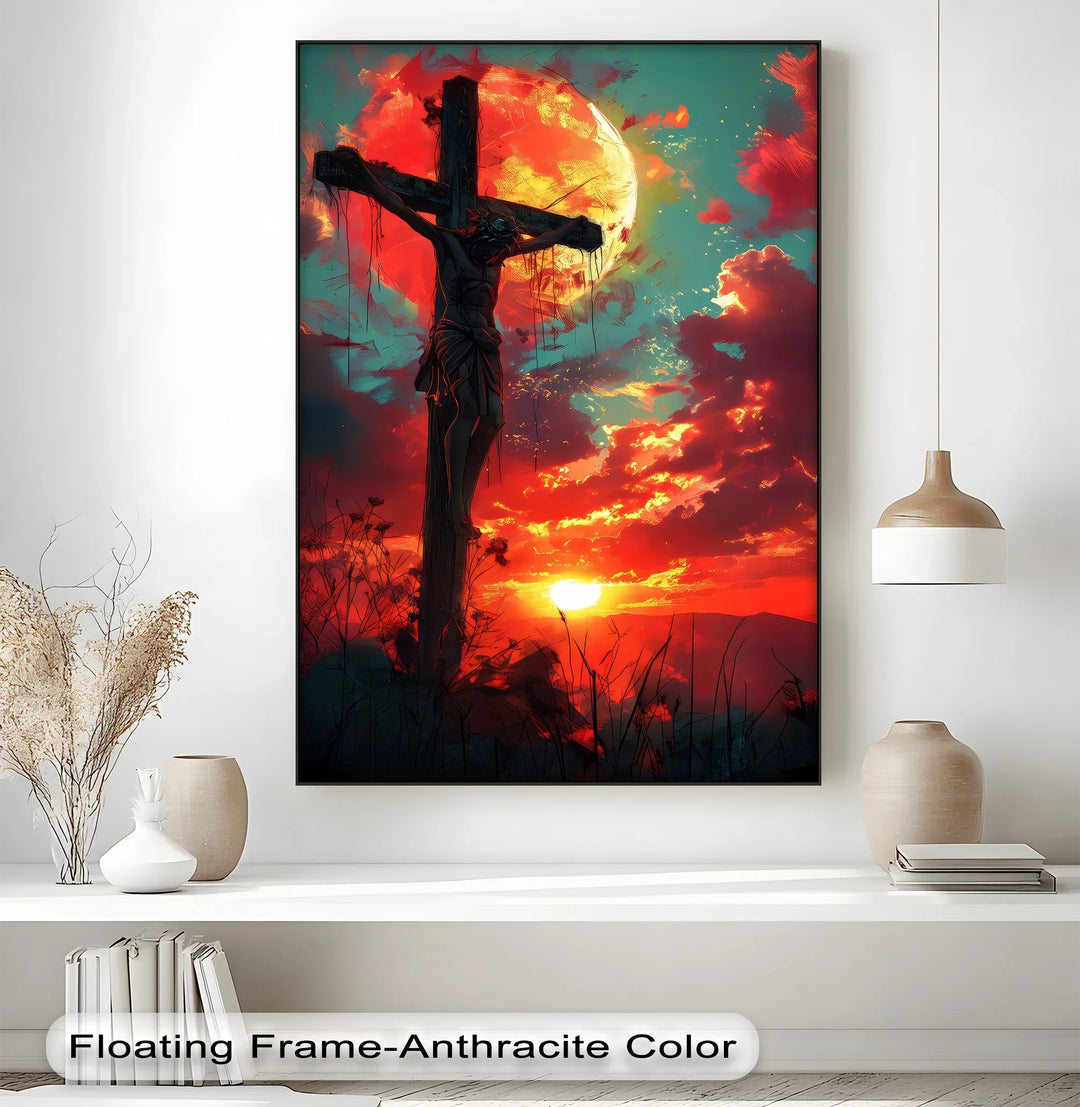 Crimson Redemption – Jesus on the Cross at Sunset Canvas Print