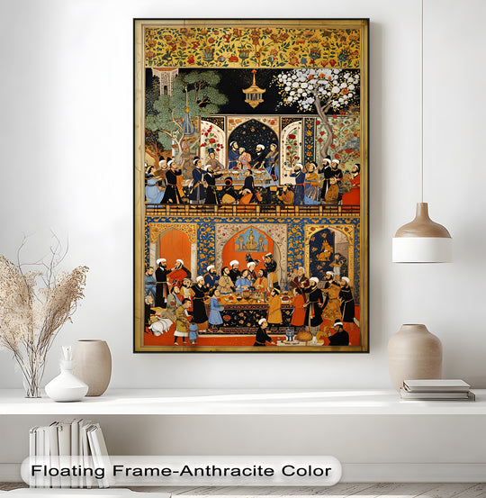 Illuminated by a hanging lantern, the darkest area highlights the celestial night in this unique canvas print, a Persian miniature depiction of a royal feast.