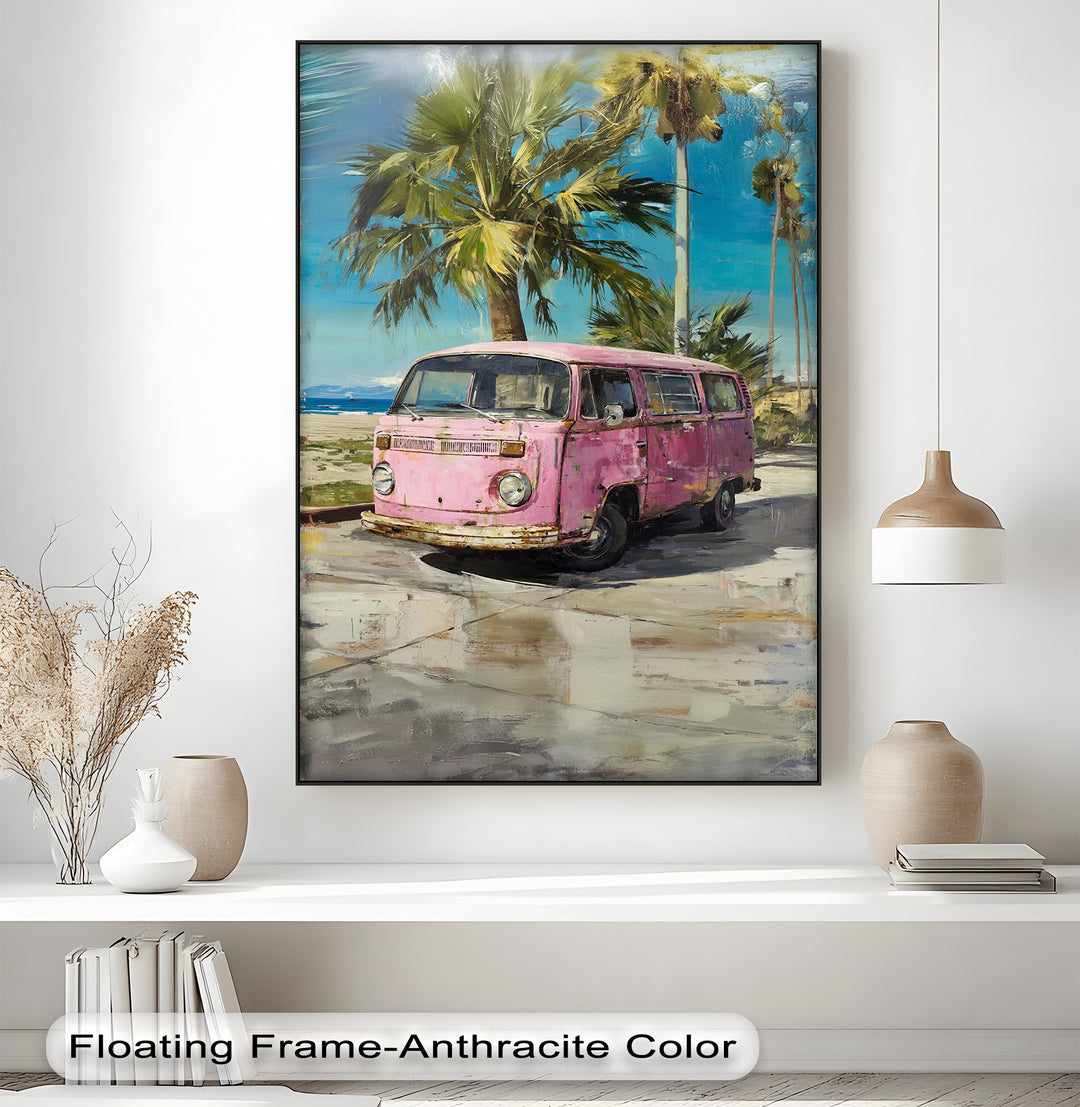 Pink Paradise Ride – Vintage Van by the Beach Canvas Print