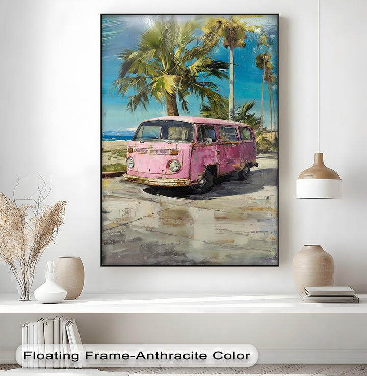 Pink Paradise Ride – Vintage Van by the Beach Canvas Print