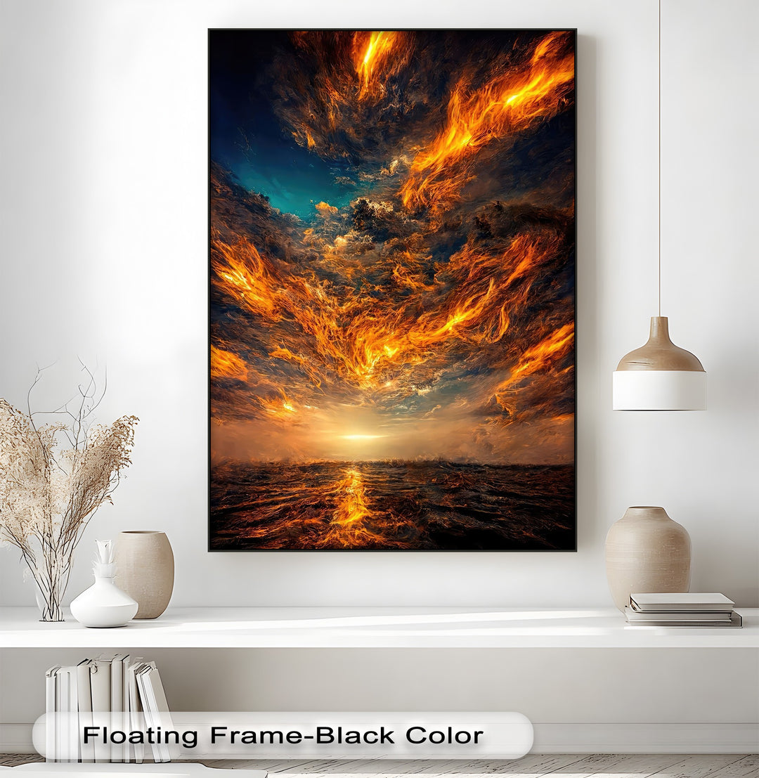 The brightest area, an intense fiery horizon reflected on turbulent water, defines this dramatic firestorm sky best canvas print.