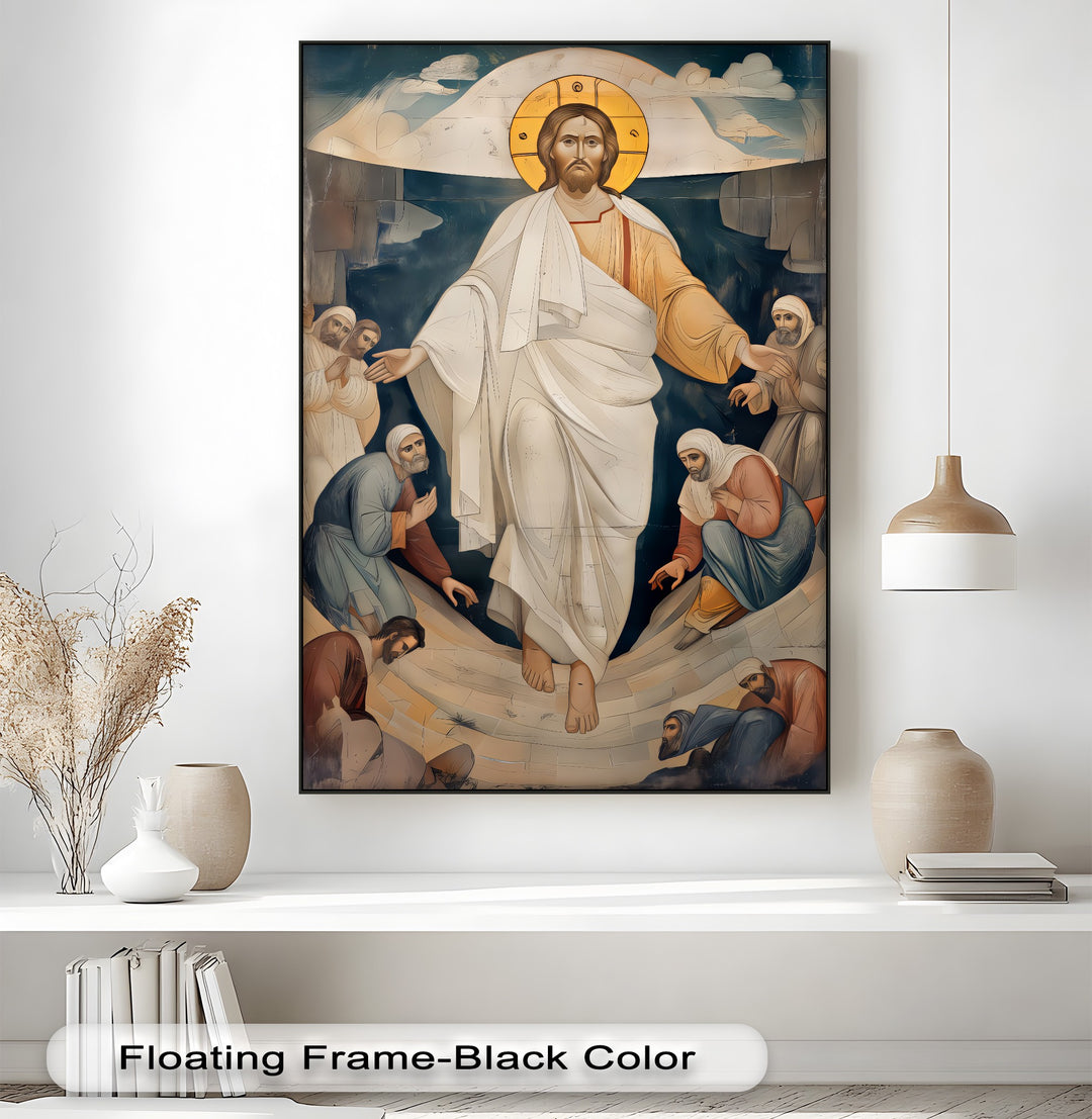 The rich, deep color saturation of this unique canvas print highlights the iconic Resurrection of Christ scene with a luminous golden halo.