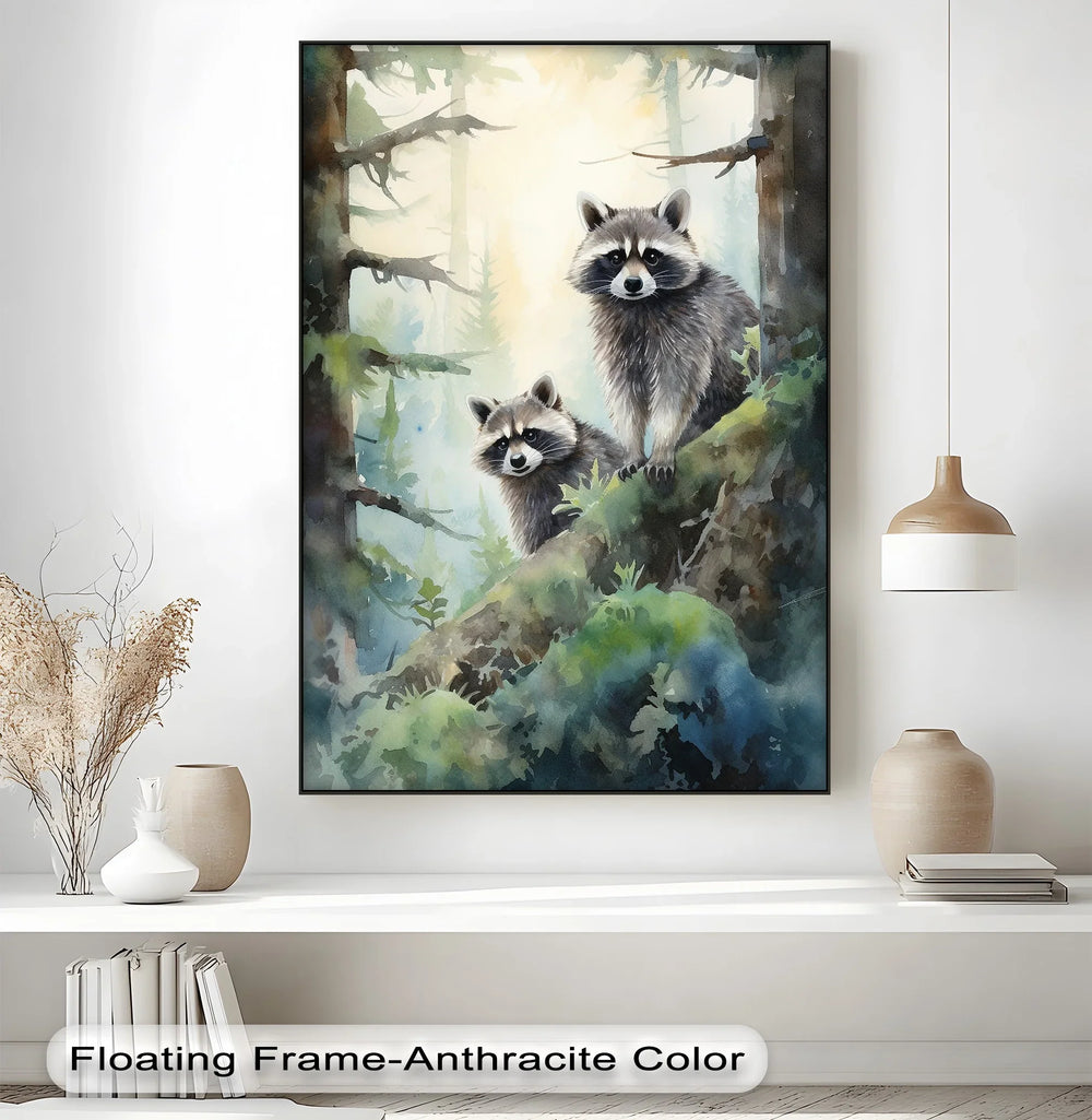 Curious Companions – Raccoons in Forest Animal Canvas Print - MyPhotoStation