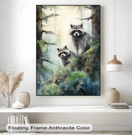 Featuring moderate color saturation, this animal canvas print showcases curious raccoon companions in a forest, making it a unique canvas print ideal for nature lovers.
