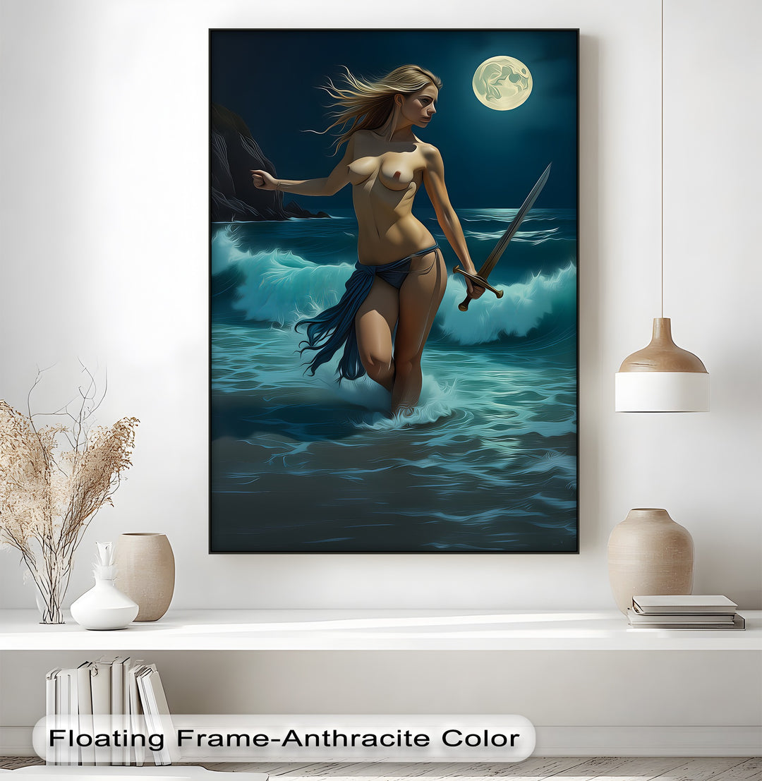 Moonlit Warrior – Sword-Wielding Nude Canvas Wall Art | Abstract Art