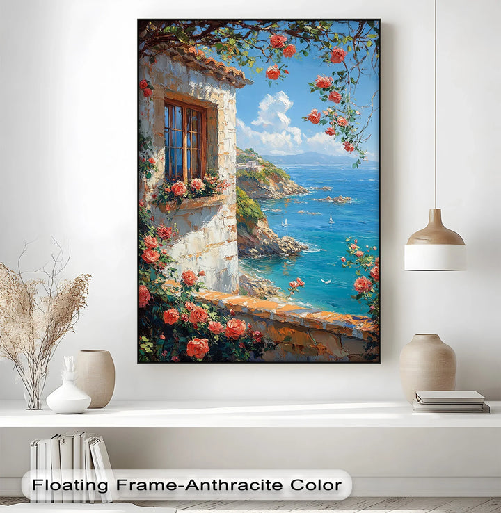 Seaside Roses View – Mediterranean Coast Window Canvas Print - MyPhotoStation