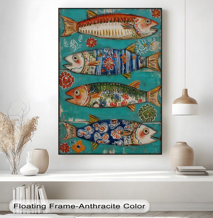 Geometric patterns accent the four folk fish canvas pictures, creating a visually stunning coastal decorative fish wall art.