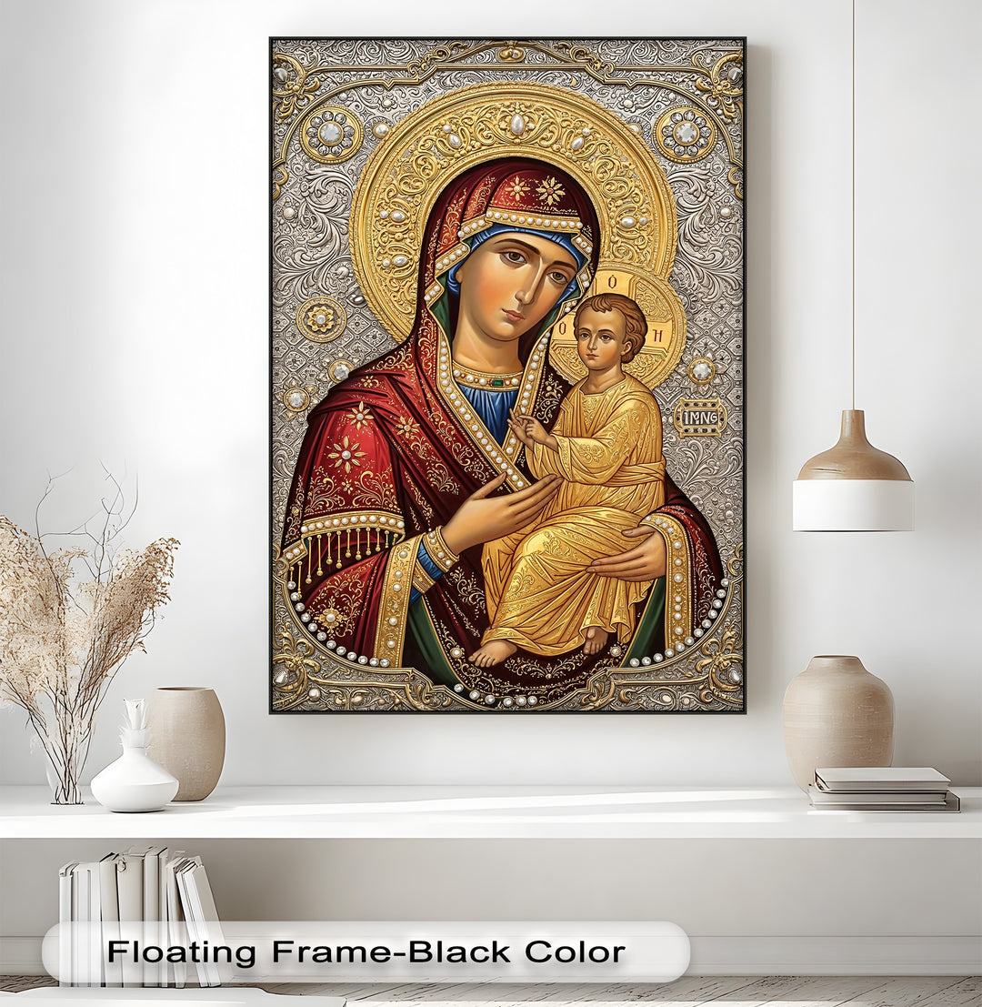 The exquisite finish of this big canvas print highlights the Virgin Mary and Child with intricate gold and silver Christian icon wall art.