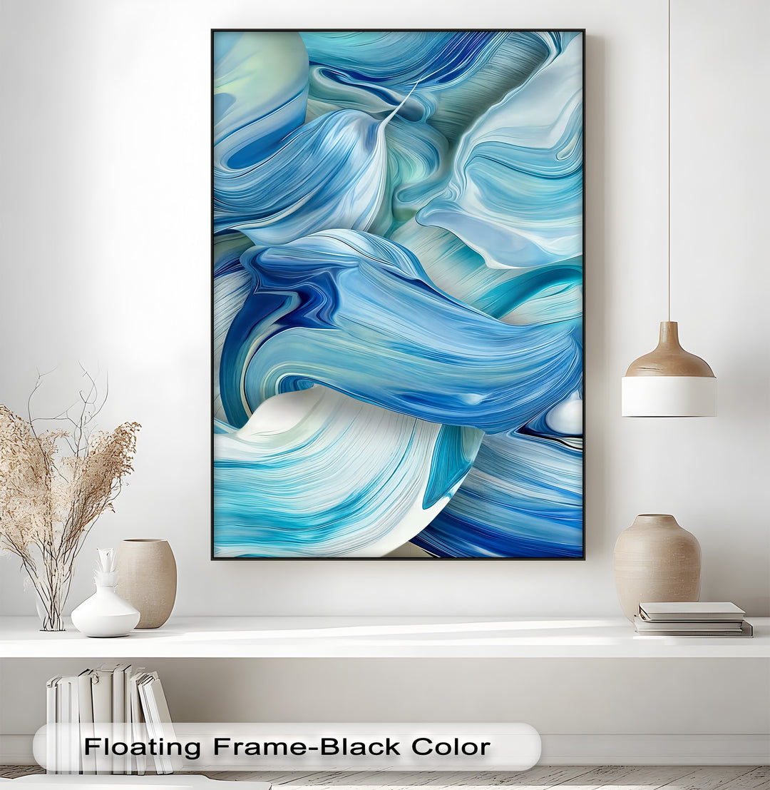 The background is a white wall with a modern pendant light and a shelf holding simple vases, ideal for premium canvas decor.
