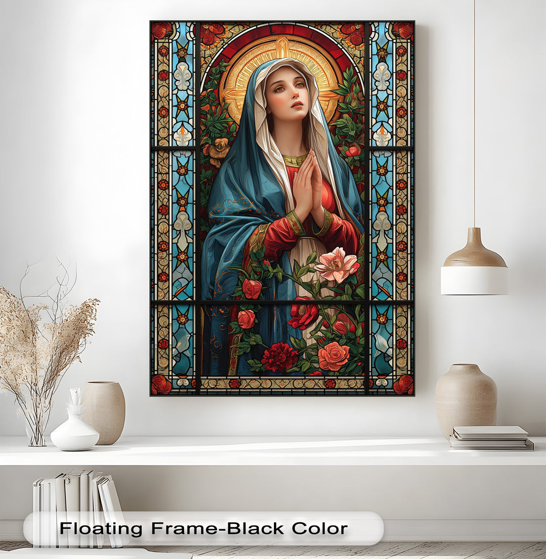The luminous golden light and cross behind the Virgin Mary's head define the brightest area of this religious floral canvas painting.