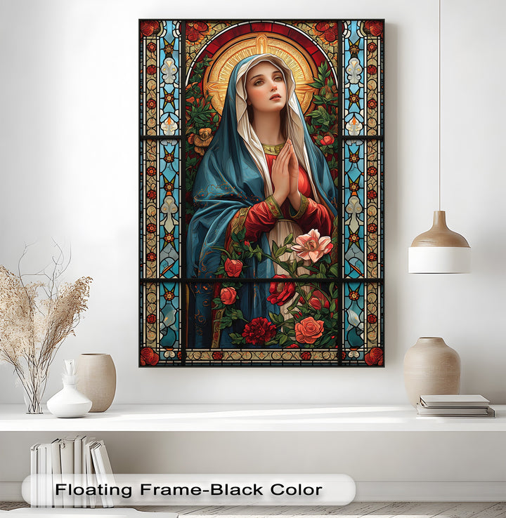 The luminous golden light and cross behind the Virgin Mary's head define the brightest area of this religious floral canvas painting.