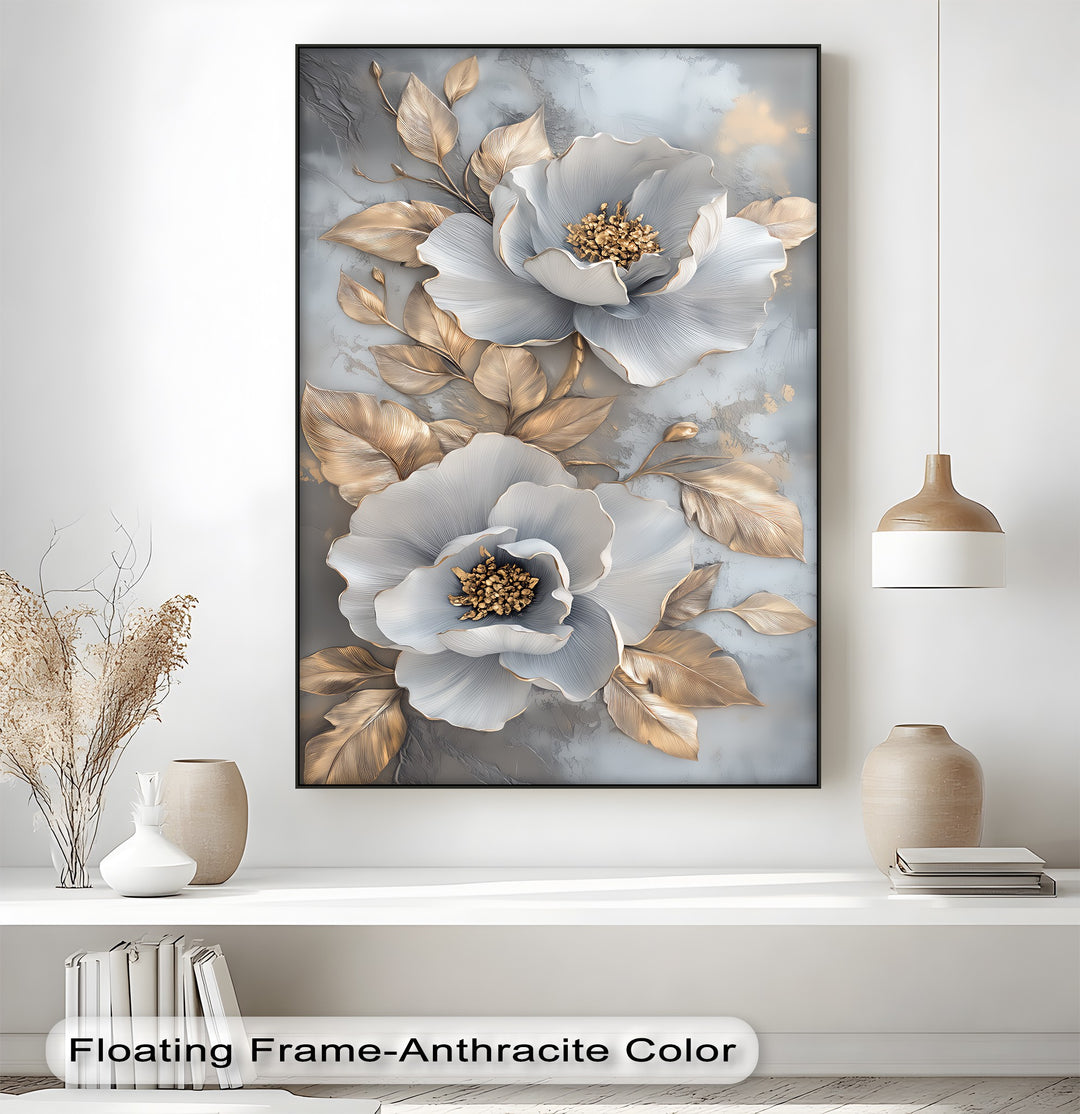 Metallic Petal Elegance – Gold and Silver Floral Canvas Print