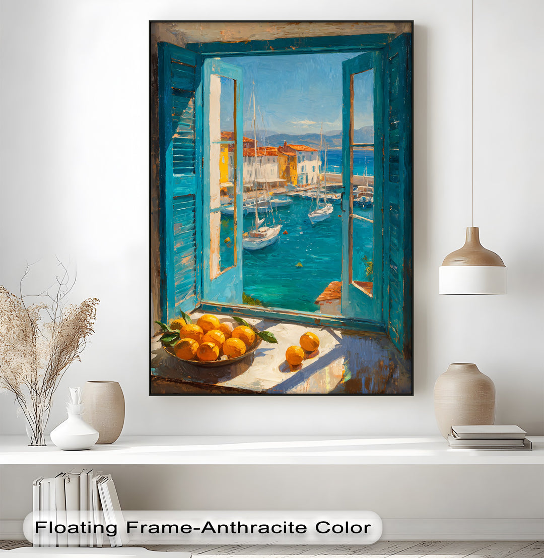 Creating depth and layers, the Mediterranean harbor window canvas print reveals a framed canvas of a coastal village, with boats and lemons for a dimensional view.