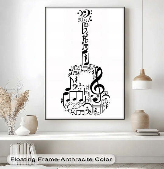 The dark border of the framed canvas accentuates the guitar-shaped musical symbol artwork, enhancing the clean edges of this modern music canvas print.