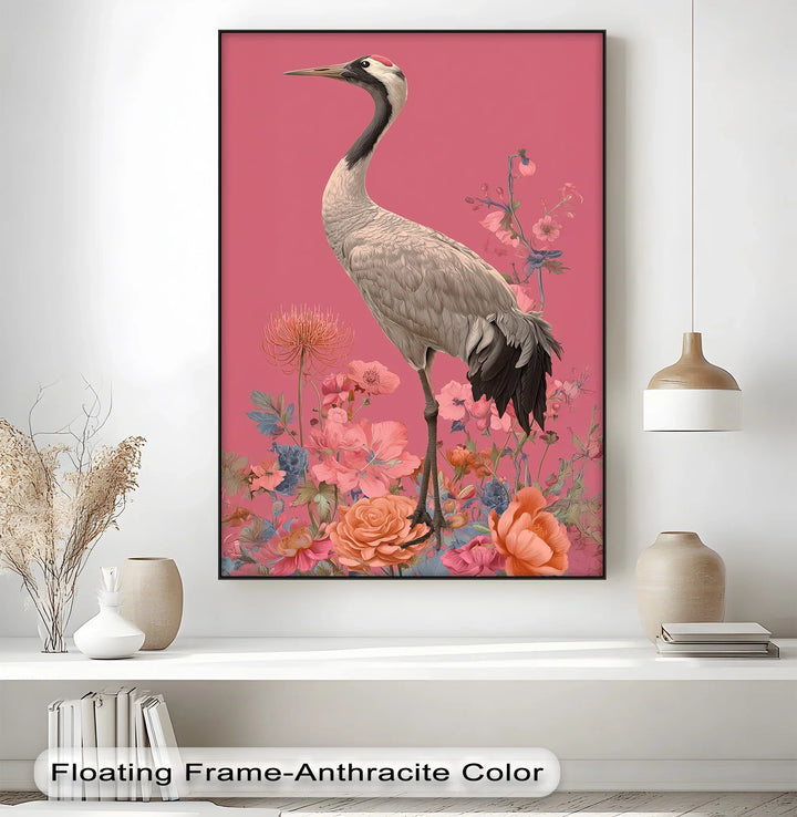Elegant Crane Among Blossoms – Nature-Inspired Bird Canvas Print - MyPhotoStation