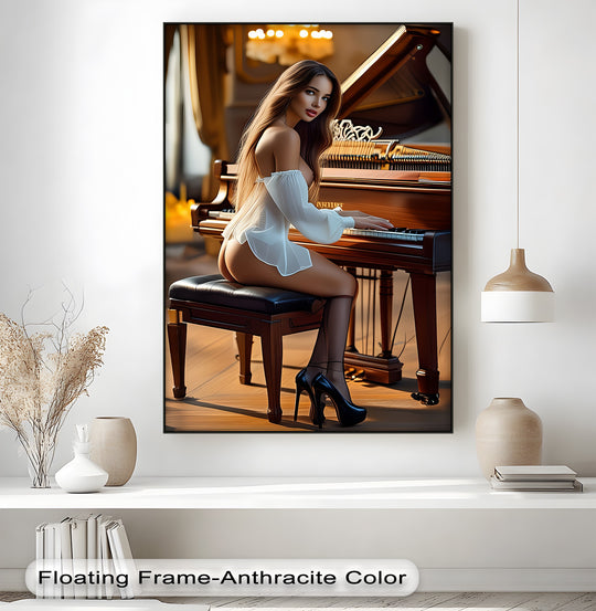 Framed canvas showcases the darkest area under the piano stool, highlighting the luxurious piano artwork and elegant framed canvas prints.
