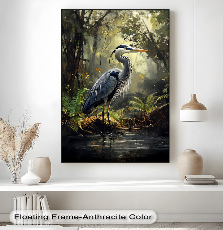 Misty Forest Heron – Wildlife Landscape Canvas Print