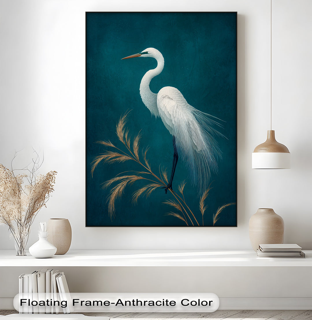 Delicate surface texture highlights the elegant white heron in this minimalist bird wall art canvas artwork, set against a rich teal background and subtly textured golden reeds.