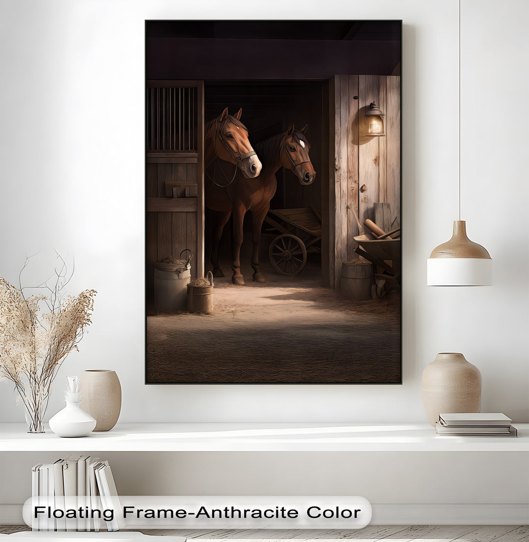 Stable Companions – Rustic Horse Barn Scene Canvas Print