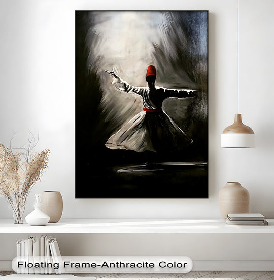 The stillness is captured in the framed canvas wall art, a dark Sufi Dervish figure poised mid-whirl in a moment of reflective, powerful quiet.