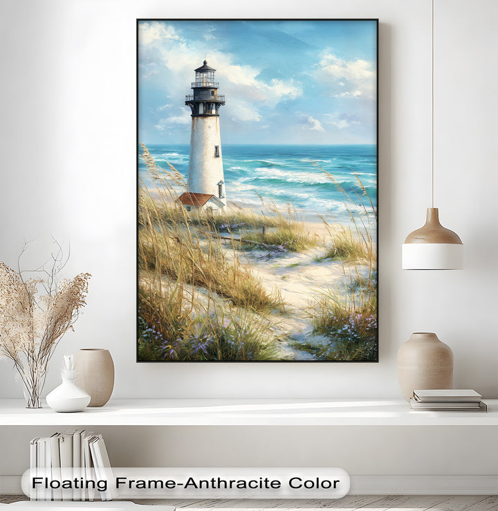 Impressionistic brushstrokes define the serene beach landscape in this coastal lighthouse canvas print, evoking an abstract quality in high quality canvas prints of sea and sky.
