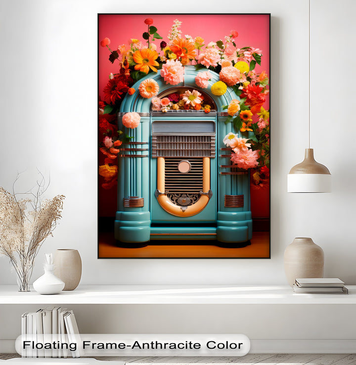 Floral Rhythm – Vintage Jukebox with Blooming Flowers Canvas Print