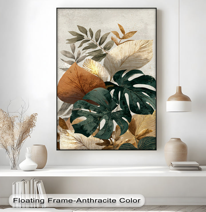 Subtle textured backdrop complements the layered tropical leaves in this neutral botanical monstera canvas painting, accentuating the earthy tones of the modern wall art.