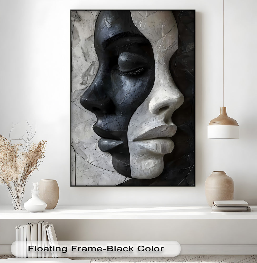 Exquisite material quality ensures this abstract black and white canvas art prints of contrasting faces displays rich texture and depth.