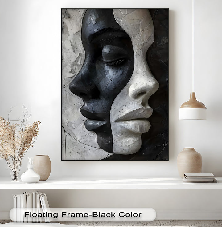 Exquisite material quality ensures this abstract black and white canvas art prints of contrasting faces displays rich texture and depth.