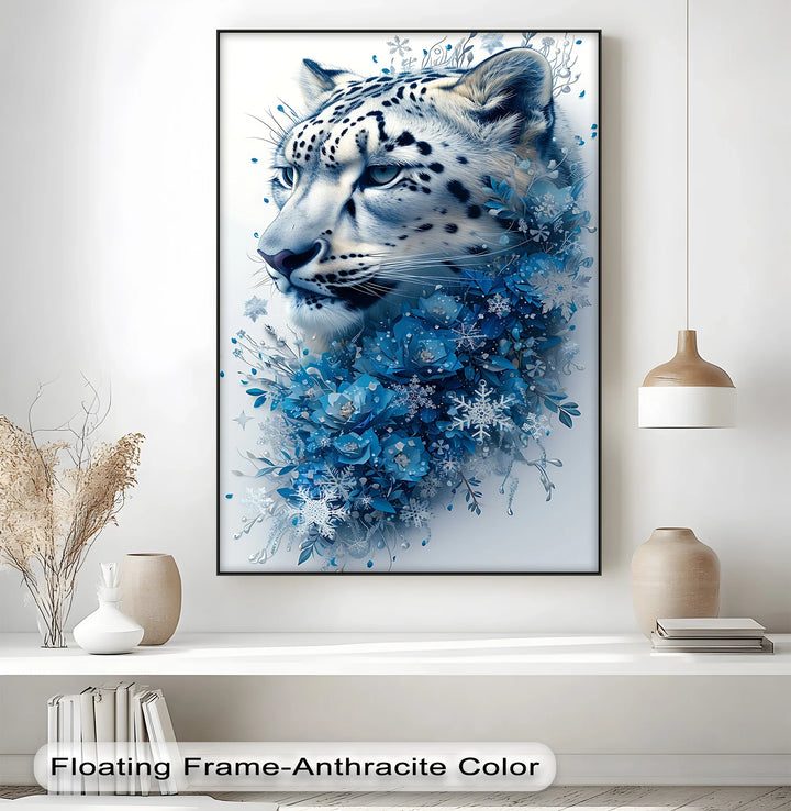 Snow Leopard in Blue Florals – Majestic Winter Wildlife Blue Canvas Prints - MyPhotoStation