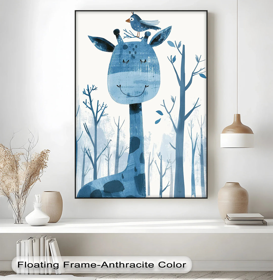Whimsical Giraffe & Bird in Blue Forest – Kids Animal Blue Canvas Prints - MyPhotoStation