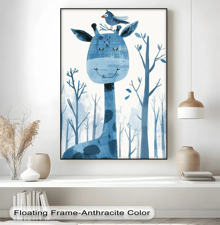Whimsical Giraffe & Bird in Blue Forest – Kids Animal Blue Canvas Prints - MyPhotoStation