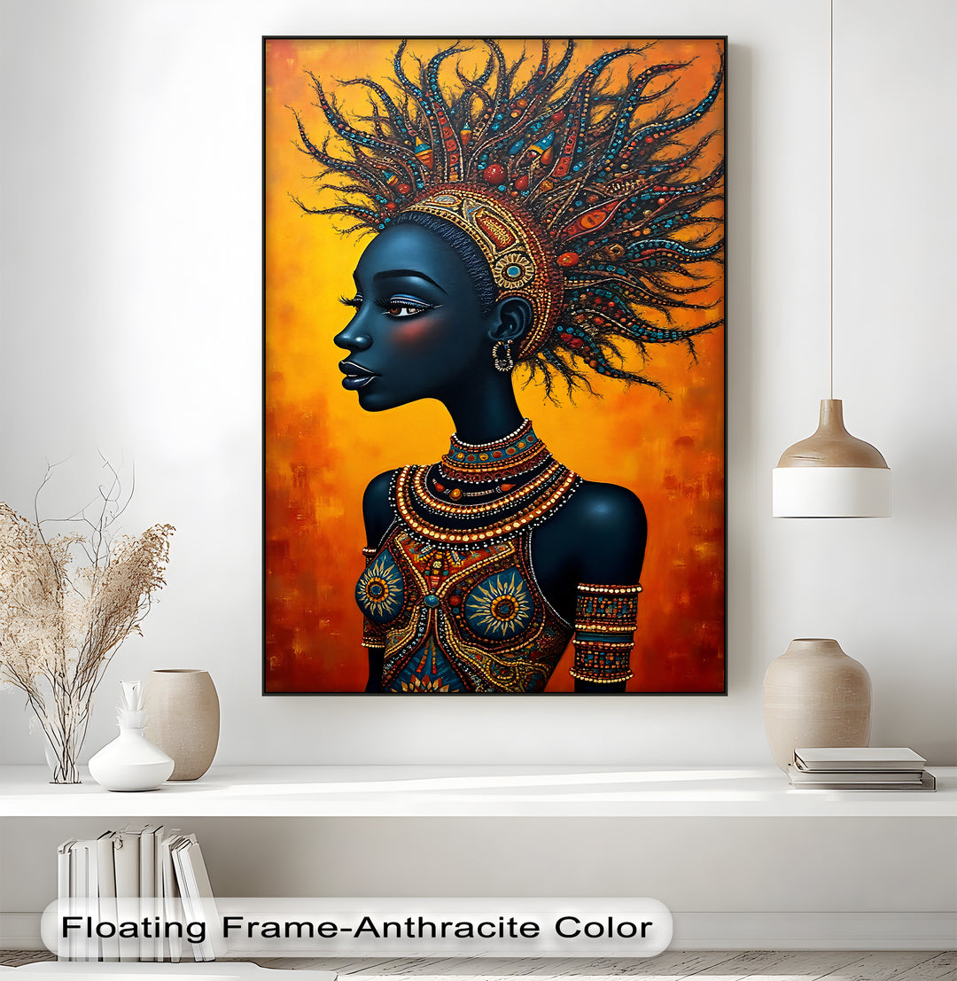 Regal African Queen – Beaded Tribal Portrait Canvas Wall Art | Framed Art