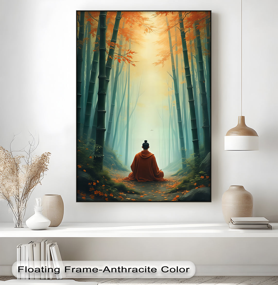 Zen Serenity – Monk in Bamboo Forest Canvas Wall Art | Framed Artwork